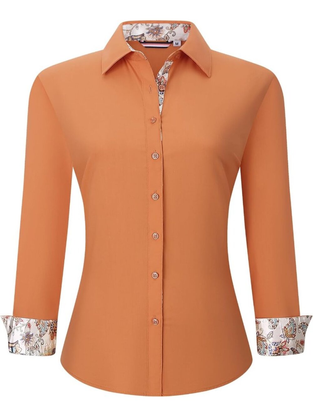 Women's Orange Cotton Button Down Long Sleeve Stretch Unique Print Dress Shirt